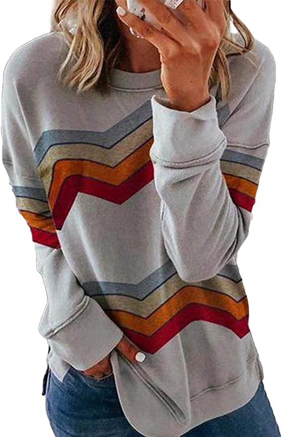 FARYSAYS Women's Casual Tie Dye Striped Round Neck Long Sleeve Loose Pullover Sweatshirt Tops
