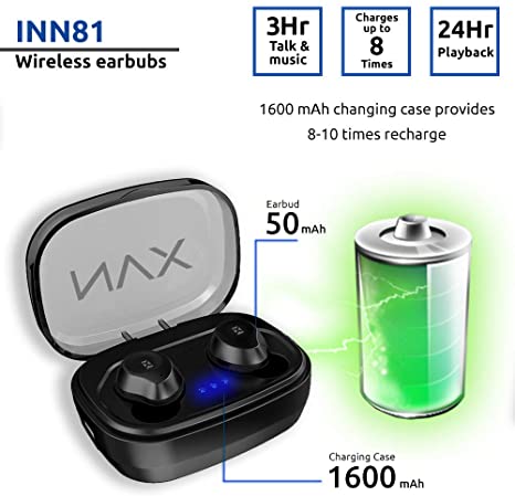 NVX INN81【 Bluetooth 5.0 Wireless Earbuds 】IPX5 Water-resistant TWS Stereo Headphones: HD Twin Mics, Graphene Drivers, Touch control, 3hr Playback  24hr Case  FOAM TIPS for Noise Isolation & Deep Bass