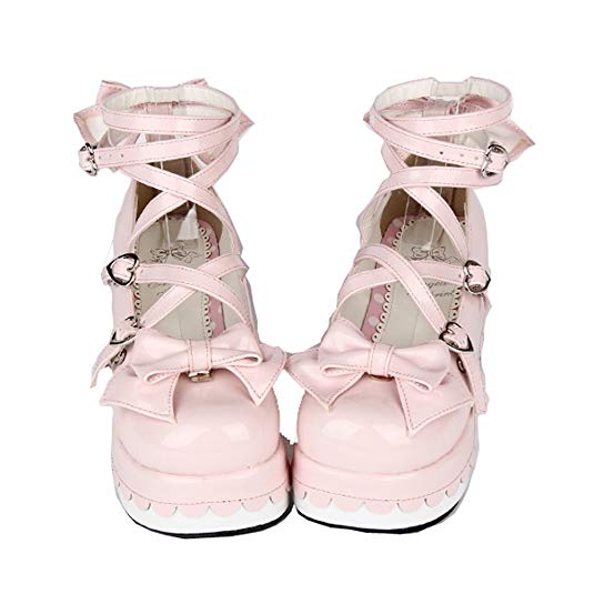 Pink 70MM Heel Ankle-High Round-Toe Lolita Cosplay Pump Shoes