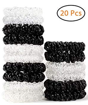 20 Pcs Spiral Hair Ties No Crease Elastic Ponytail Holders Phone Cord Traceless Hair Ties for Women Thick Hair by Queenii (Black/Clear, 10pcs/color)