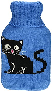 Premium Classic Rubber Hot Water Bottle w/ Cute Knit Cover (1 Liter, Blue / Blue with Black Cat)