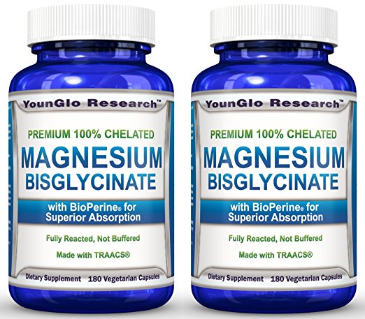 Chelated Magnesium Glycinate plus BioPerine for Superior Absorption - 180 Vegetarian Capsules (2 Pack)