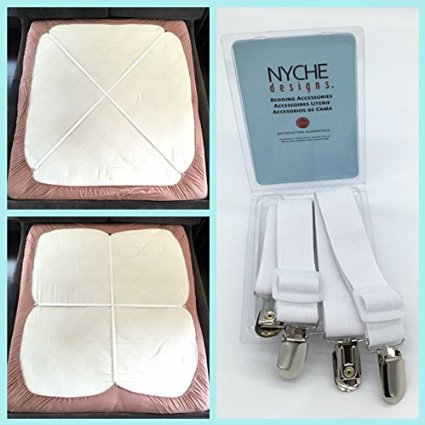 Crisscross Adjustable Bed Sheet Straps Suspenders Model W1 (Set of 2, White)