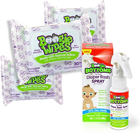 Boogie Wipes Baby Bundle, 3 Packs Unscented Boogie Wipes for Nose, Hands and Face, and Boogie Bottoms No-Rub Diaper Rash Relief Spray