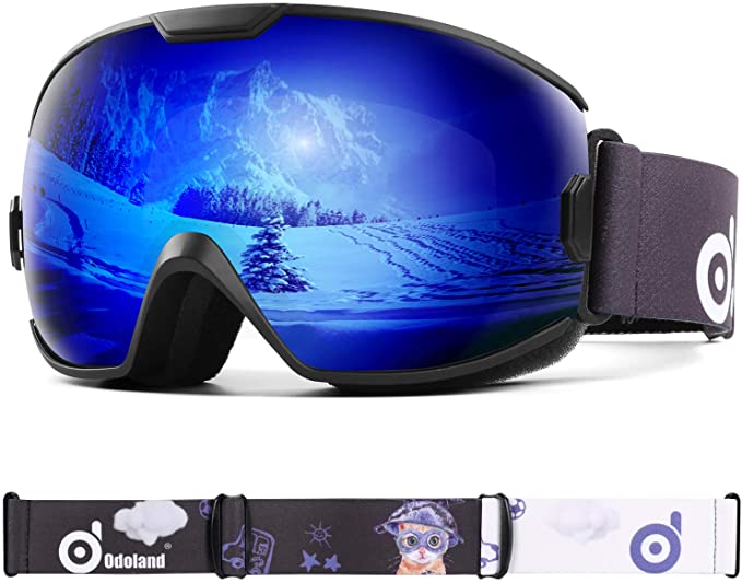 Odoland OTG Ski Goggles for Kid, UV Protection and Anti-Fog Len for Children and Youths, Double Grey Spherical Lens Snowboard Goggles Perfect for Skating Skiing Snowboard for Boys and Girls