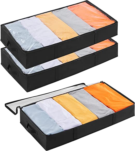 Lifewit Under Bed Storage Bag Organizer with Reinforced Handle Thick Fabric Clear Window Large Capacity Foldable Underbed Storage Container for Clothes Blankets Set of 3 Organization and Storage, Black