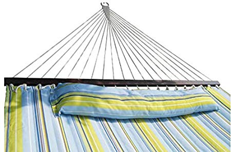 SueSport HC011-Blue(16-4020) Hammock Quilted Fabric with Pillow Double Size Spreader Bar H, Blue/Light Green