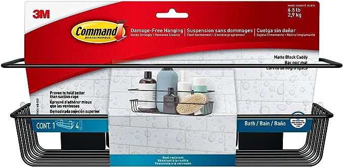 Command Shower Caddy Matte Black with Water Resistant Command Strips, Bathroom Organizer, Holds up to 6.5 lbs