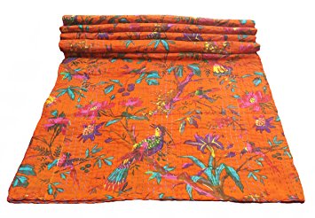Bird Print King Size Kantha Quilt Orange , Kantha Blanket, Bed Cover, King Kantha bedspread, Bohemian Bedding Kantha Size 90 Inch x 108 Inch