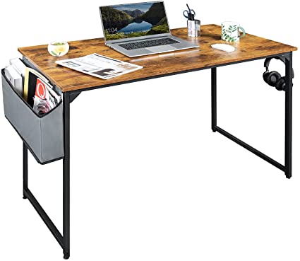 Furmax Writing Computer Desk 110 cm Office Desk Modern Laptop Table Wood Desktop for Home Office Living Room with Storage Bag and Headphone Hook Wooden Frame (Brown)