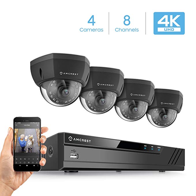 Amcrest 4K 8CH Security Camera System w/ 4K (8MP) NVR, (4) x 4K (8-Megapixel) IP67 Weatherproof Metal Dome POE IP Cameras (3840x2160), 2.8mm Wide Angle Lens, 98ft Nightvision (Black)