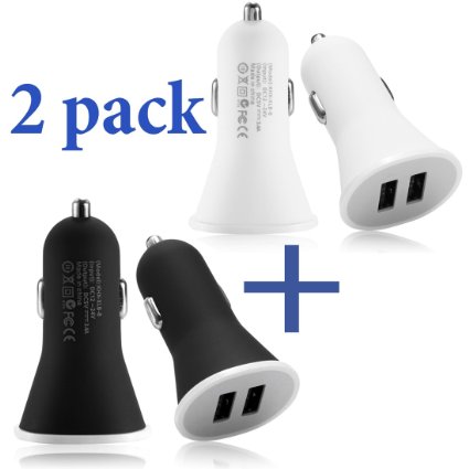 Car Charger, 2-Pack Dual USB 3.4A/5V 17-Watt SMART IC High Speed Rapid Car Charger for iPhone 6/6S plus 5/5S/5C 4/4S Ipad Samsung Galaxy HTC LG BLU Google Nexus 5.6.7 Tablets MP3 and More Black White