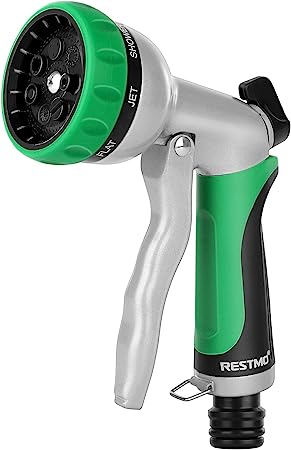 RESTMO Hose Pipe Spray Gun, Heavy Duty Garden Hose Spray Gun, High Pressure Hose Nozzle, Metal Hand Sprayer with 7 Patterns and Water Flow Control, Ideal to Water Plant & Lawn, Wash Car & Pet (Green)