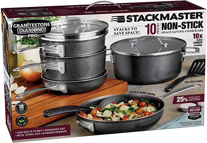 Granitestone Pro Stackable Pots and Pans Set – Stackmaster, Complete 10 Piece Cookware Set with Ultra Nonstick Mineral & Diamond Coating, Space Saving Cookware, Oven and Dishwasher Safe 100% PFOA Free