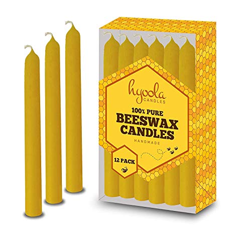 Hyoola Beeswax Taper Candles 12 Pack – Handmade, All Natural, 100% Pure Scented Bee Wax Candle - Tall, Decorative, Golden Yellow – 6 Hour Burn Time