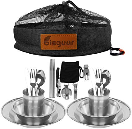 Bisgear 13-34pcs Stainless Steel Tableware Mess Kit Includes Plate Bowl Cup Spoon Fork Knife Chopsticks Carabiner Wine Opener Dishcloth & Mesh Travel Bag for Backpacking & Camping