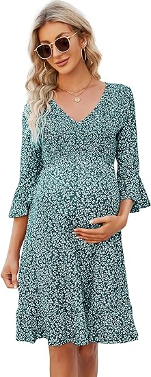 Coolmee Women's Maternity Short Sleeve Ruffle Dress V Neck Summer Casual Smocked Flowy Midi Dress for Baby Shower Photoshoot