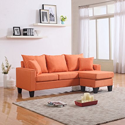 Divano Roma Furniture Modern Linen Fabric Small Space Sectional Sofa with Reversible Chaise (Orange)