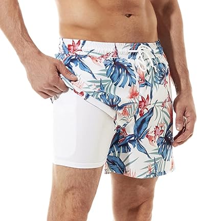 BRISIRA Swim Trunks Men Quick Dry Swim Shorts 5 inch Inseam Stretch Water Beach Shorts with Compression Liner Zipper Pocket