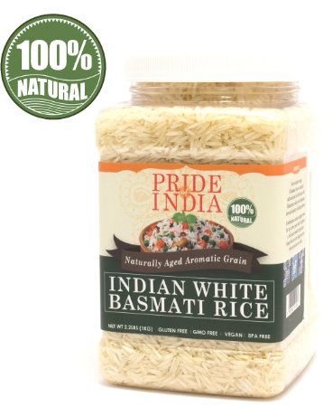 Pride Of India - Extra Long Indian Basmati Rice, Naturally Aged Aromatic Grain, 2.2 Pound (1 Kilo) Jar