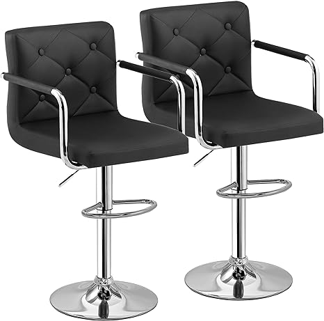 VECELO Adjustable Bar Stools Set of 2,Swivel PU Leather Counter Height Barstool with Back and Arms for Kitchen/Island, Black