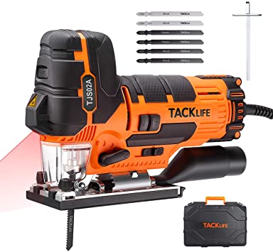 TACKLIFE 6.7 Amp Barrel Grip Jigsaw with Laser & LED, Heavy Duty, Variable Speed / 4 Orbital Settings, 6 Blades, Sturdy Case - TJS02A