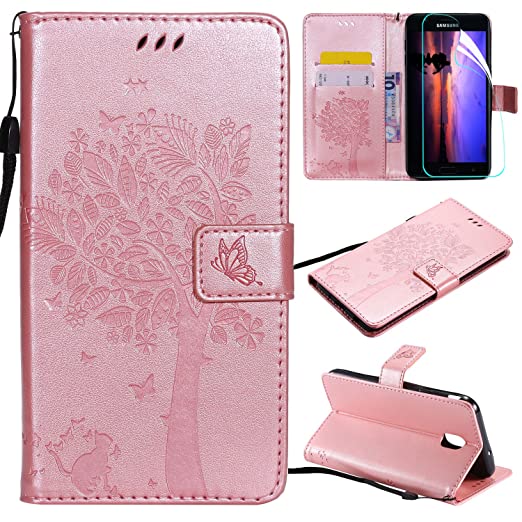 Galaxy J7 2018 Case with Screen Protector,For Samsung Galaxy J7 Aero/J7 Star/J7 Top/J7 Crown/J7 Aura/J7 Refine/J7 Eon Case Flip Case,PU Leather Tree Cat Flowers Wallet Case with Card Slots Rose Gold