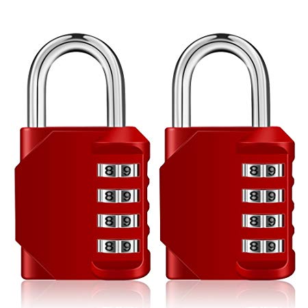 Combination Padlocks, 4 Digit Number Code for Gym Lock, School Lock, Locker Lock, Employee Lock(Red, Pack of 2)