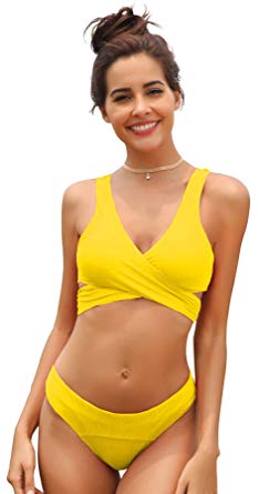 SHEKINI Women's Criss Cross Bikini Push-up Halter Bandage Swimsuits Wrap Suits