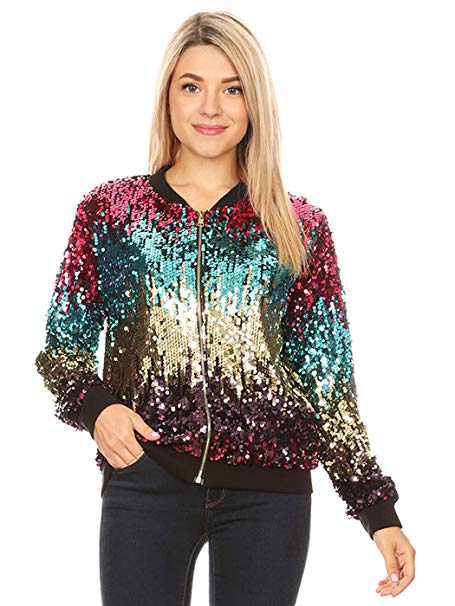 Anna-Kaci Womens Sequin Long Sleeve Front Zip Jacket with Ribbed Cuffs