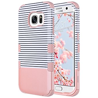 S7 Edge Case, Galaxy S7 Edge Case, ULAK 3 in 1 Hard PC   Soft Silicone Hybrid Dust Scratch Resistance Protective Cover for Samsung Galaxy S7 Edge (Minimal Stripes Rose Gold)