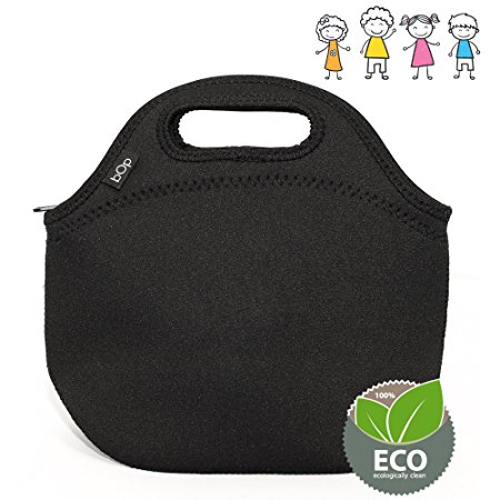 Bop Insulated Neoprene Kids Lunch Bag, Meal Tote for School, Kindergarten, Durable, Unisex Pattern, [9.5x9.5x5 Inches], (Black)