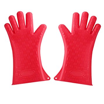 Extra-Long 13.5-Inch Silicone Cooking Gloves Are Ideal For Barbeque Grill, Outdoor Kitchen, Smoker Grill, Camping, Cook Top and Oven. Silicone Gloves Are Heat Resistant and Waterproof. Red (1 Pair)