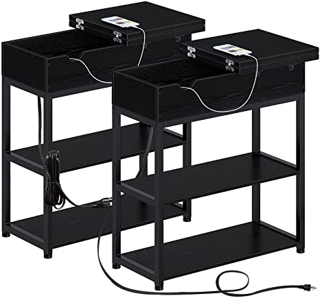 Rolanstar End Table with Charging Station, Narrow Flip Top End Side Table with Storage Shelf and USB Ports & Power Outlets, Nightstand Sofa Table for Living Room, Bedroom Black 2 Pack