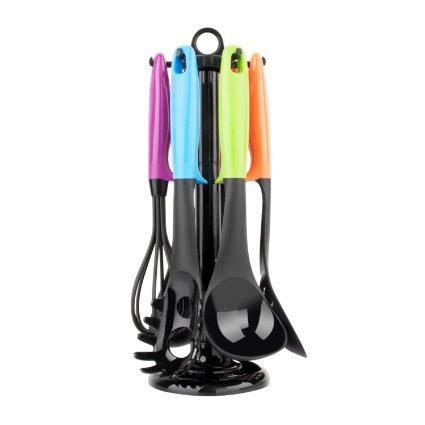 Zodaca Premium 7-Pieces Heat Resistant Nylon Raised Up Kitchen Cooking Utensils Set with Rotating Carousel Stand, Multi Color