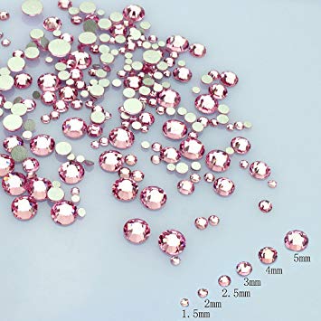 LolliBeads Resin Crystal Round Nail Art Mixed Flat Backs Acrylic Rhinestones Gems,Mix Size 1.5-5 mm, Color Light Pink (1200Pcs)