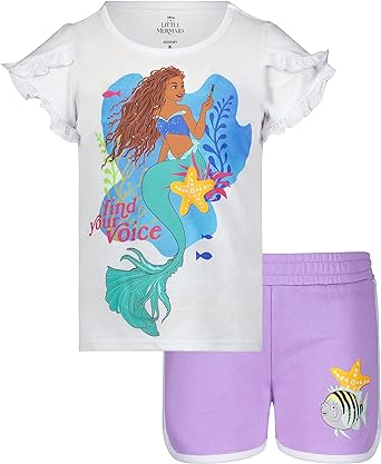 Disney The Little Mermaid Princess Ariel Girls Two Piece Short Sleeve Tee and Short Matching Set Little Girls Purple/White