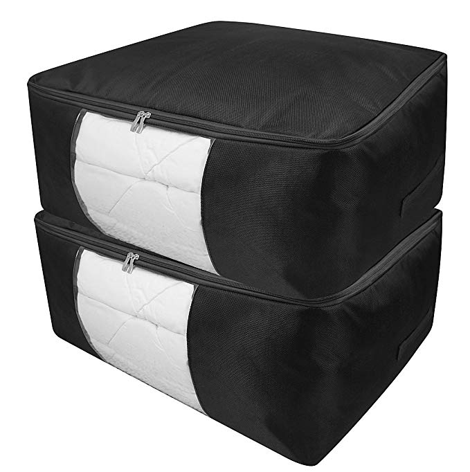 93L Large Bedroom Storage Bag,Dustproof Sweaters Storage Bag for Seasonal Organization,Down Jackets Storage Bin for Cabinet Shelf. Space Saver Bag with Transparent Window, Black, Pack 2