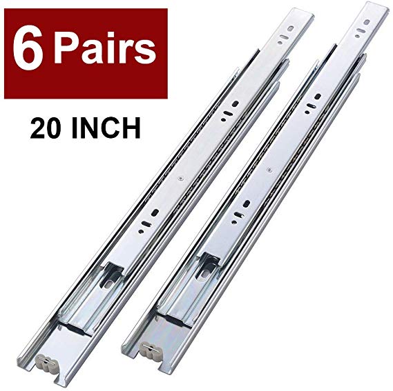 6 Pair of 20 Inch Full Extension Side Mount Ball Bearing Sliding Drawer Slides, Available in 10", 12", 14", 16", 18" and 20" Lengths