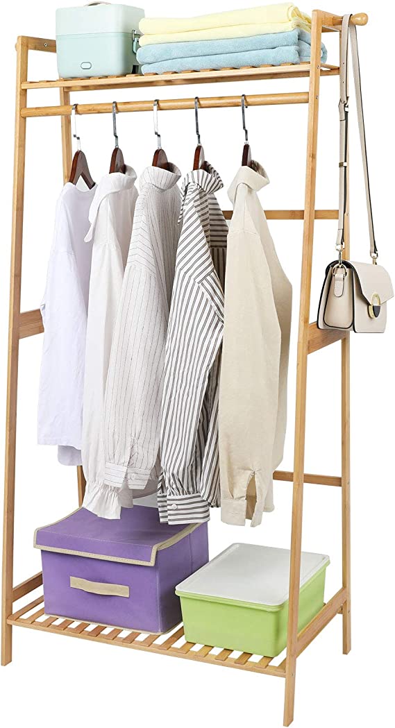 Ufine Bamboo Clothes Hanging Rack with 2 Tier Storage Shelves and 2 Coat Hooks Portable Laundry Rack Cloest Organizer Garment Rack for Bedroom Guest Room