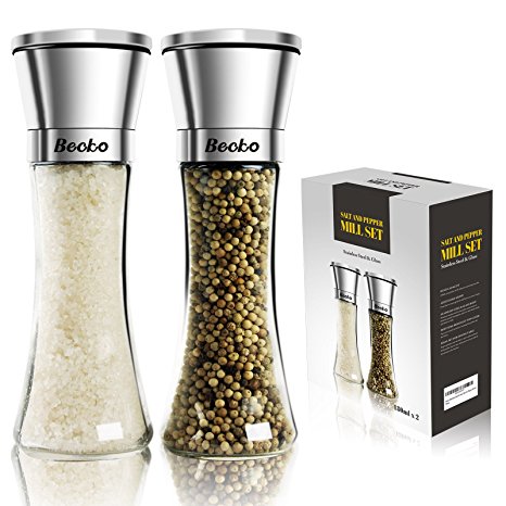 Becko Manual Salt and Pepper Mill Set / Moisture-proof Adjustable Spice Grinders with Stainless Steel and Glass Construction - 180ml X 2