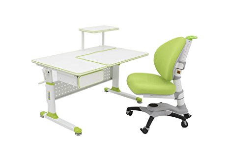 ApexDesk Little Soleil DX 43"W Children's Height Adjustable Study Desk w/ Integrated Shelf & Drawer (05.Desk Chair Bundle in Green)