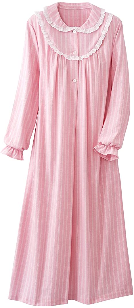 National Petites Striped Flannel Long Nightgown - Yarn-Dyed, 100% Cotton, Eyelet Trim Detail, Peter Pan Collar