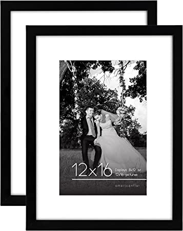 Americanflat 12x16 Picture Frame in Black - Displays 8x12 With Mat or 12x16 Without Mat - Composite Wood with Shatter Resistant Glass - Horizontal and Vertical Formats for Wall (2-Pack)