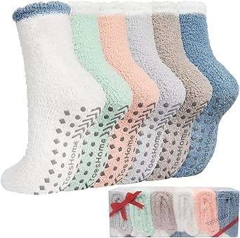 Fuzzy Slipper Socks for Women, Grip Socks Thick Winter Fluffy Socks Womens Cozy Warm Plush Hospital Socks Non Slip 5/6 Pairs