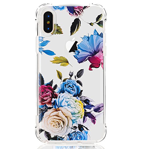 iPhone X Case,iPhone X Case with flowers, LUOLNH Slim Shockproof Clear Floral Pattern Soft Flexible TPU Back Cover case for iPhone X Edition (2017 Release) -Blue Rose