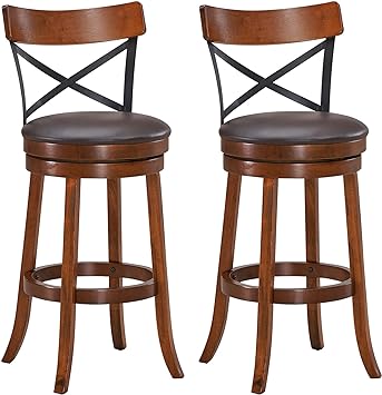 COSTWAY Bar Stool Set of 2, 360-Degree Swivel Solid Wood Stools with Soft Cushion & Backrest, 29.5”Height Kitchen Counter Bar Stools for Kitchen Island, Pub, and Restaurant (2, 29in)