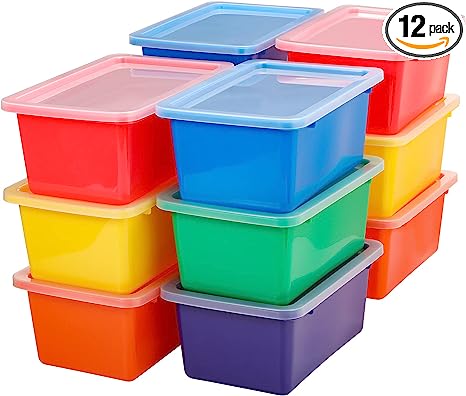 Bins for Classroom Plastic Storage Bins with Lids Storage Bins Storage Organizer Bins Plastic Shelf Containers 15 Sheets Self Adhesive Labels for Classroom School Home Office Supplies (12 Pcs)