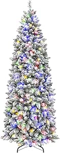 Hykolity 6.5ft Prelit Snow Flocked Slim Christmas Tree, 1045 Realistic PE&PVC Tips, Artificial Christmas Tree w/ 200 Multicolor Twinkling LED Lights, Pinecones Berries, Metal Base Included, 11 Colors