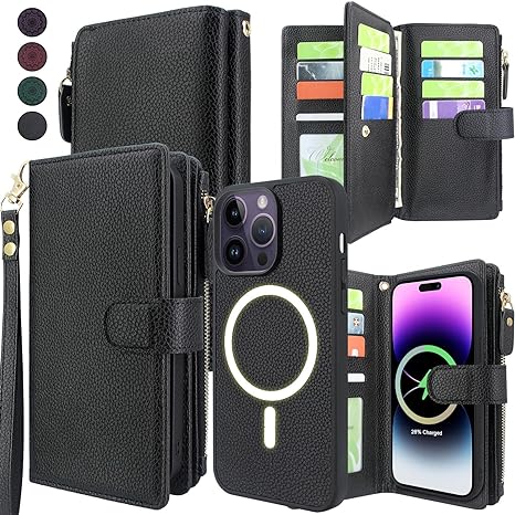 Harryshell Detachable Magnetic Case Wallet for iPhone 14 Pro Max Compatible with MagSafe Wireless Charging Protective Phone Cover Multi Card Slots Cash Coin Zipper Pocket Wrist Strap (Black)